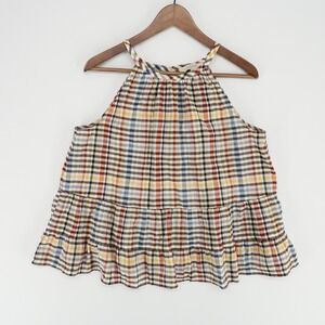 Loft Halter Top Womens M Multicolor Plaid Tiered Ruffle Hem Sleeveless‎ Keyhole